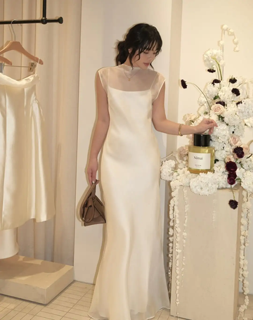 Backless Elegant A Line Spaghetti Strap Chiffon Satin Party Dress Evening Dress HZ1023